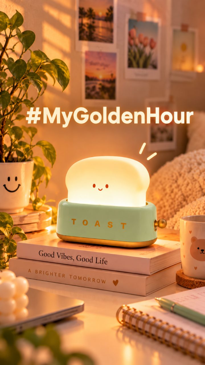 Smiling toast night light on a desk