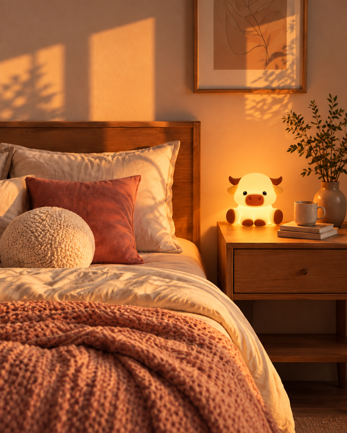 Cosy bedroom with a glowing cow lamp at sunset