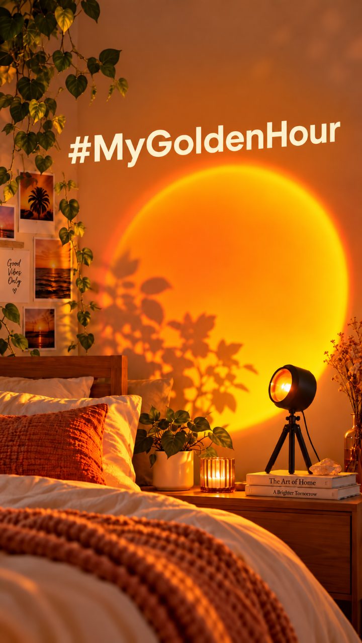 Sunset projector glowing over a cosy bed