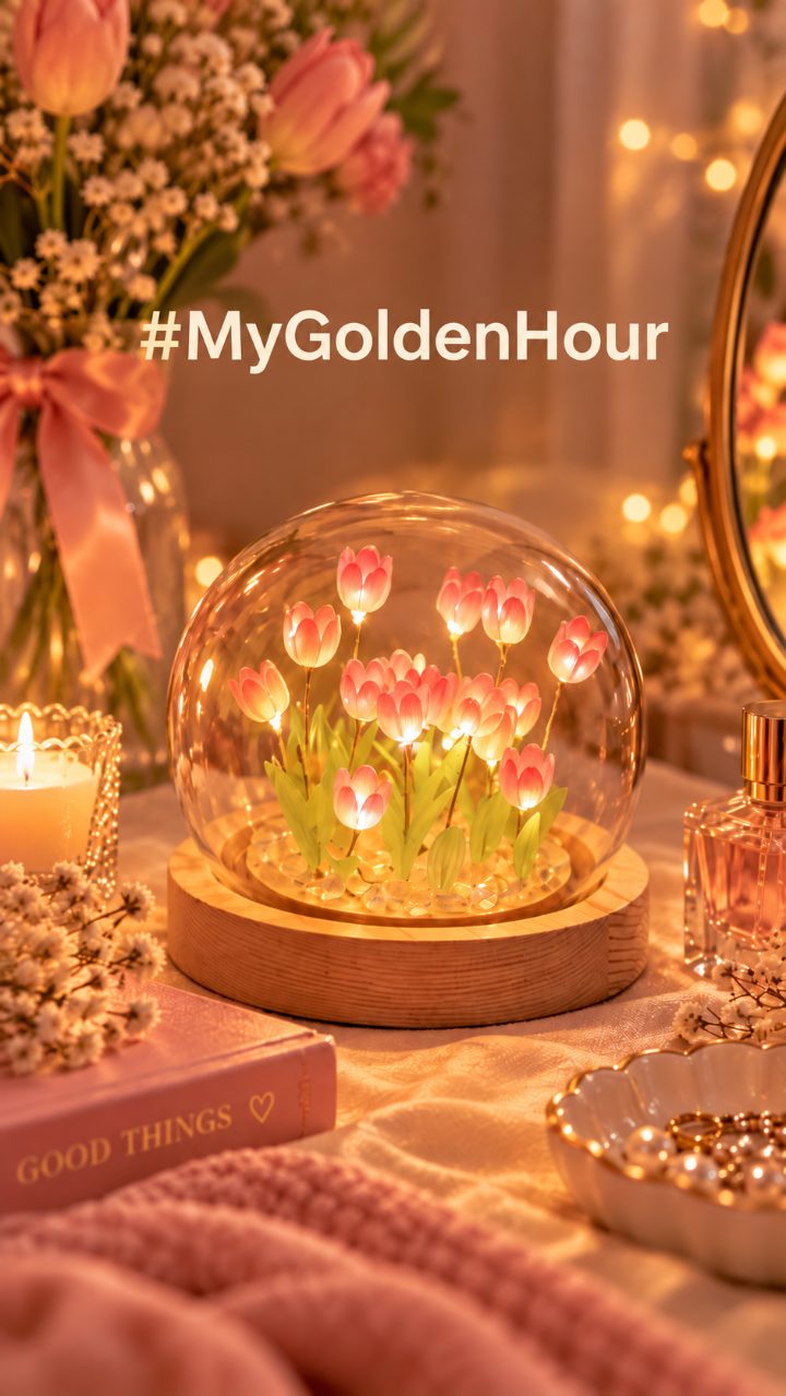 Tulip lamp under a glass dome on a dressing table